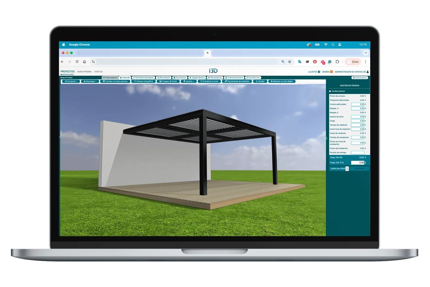 Ordenador portátil mostrando el diseño en 3D de una pérgola bioclimática sobre una terraza